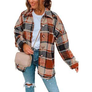 Women Orange Collared V Neck Button Down Oversized Long Sleeve Shirt Top